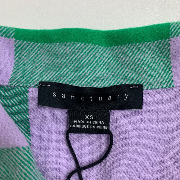 Sanctuary Plaid Button Top Womens XS Pine Check Pocket Detail Cotton Loose Crop - Picture 8 of 13